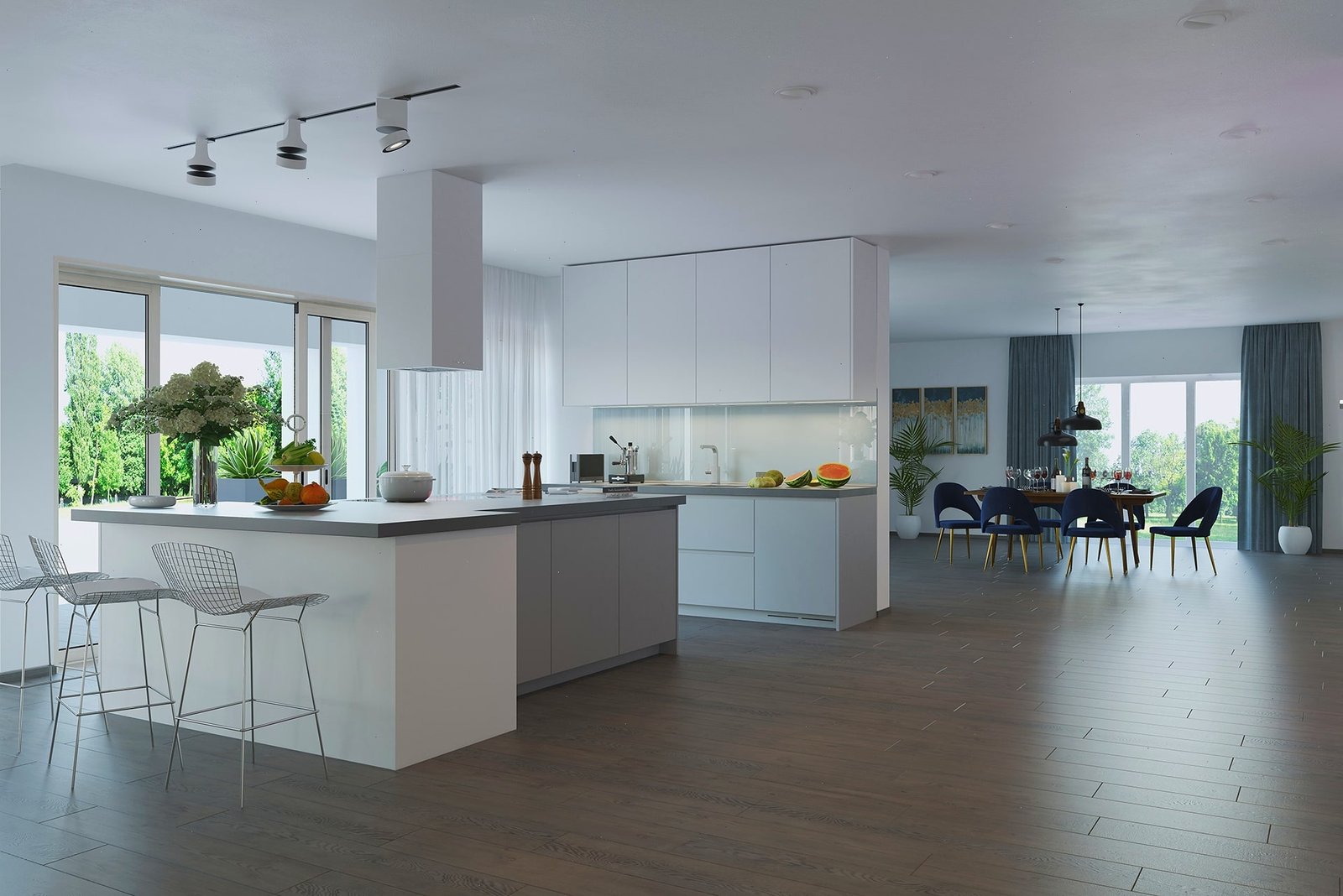 A kitchen with a tile wall and a sliding glass door.